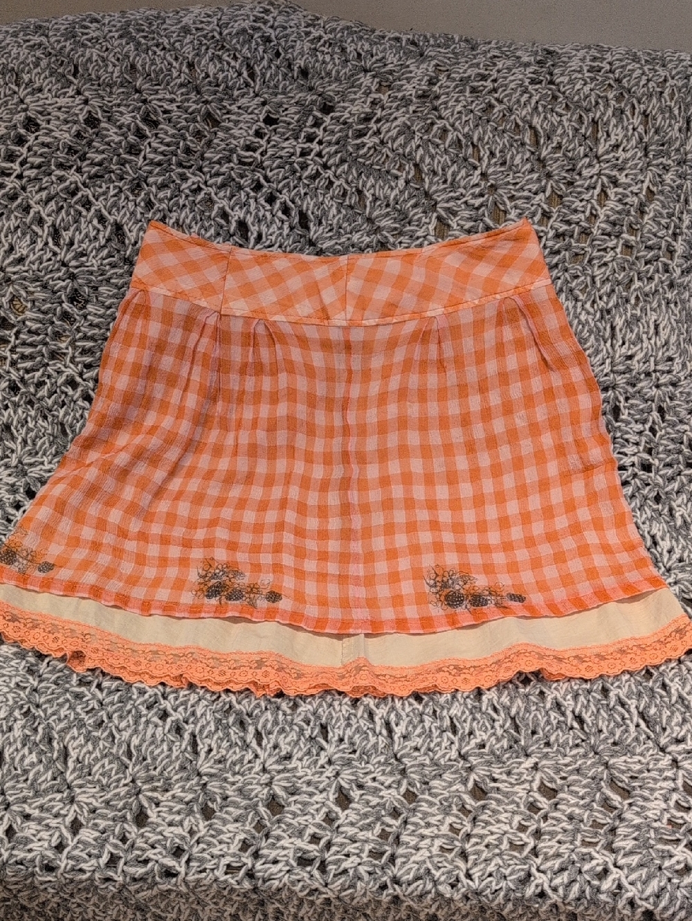 429 - Orange Gingham Mini Skirt • Y2K Cottagecore • Ruffle Hem Lace Trim • Retro - Picture 2 of 11